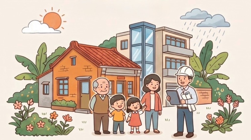 老宅延壽輔導示意:地方輔導團與多代同堂家庭,共同改善透天住宅與增設電梯的公寓