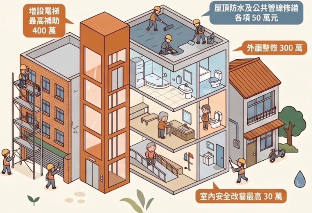 老宅修繕補助項目示意:增設電梯、屋頂防水、外觀整修與室內安全改善